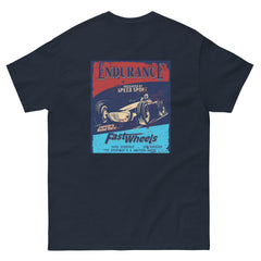 simple men's 100% cotton tee-shirt with vintage reproduction artwork, navy blue